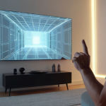 **A person interacting with a holographic interface using hand gestures in a modern, minimalist living room. Soft, diffused lighting. Focus on the natural and intuitive interaction.**