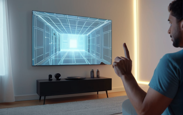 **A person interacting with a holographic interface using hand gestures in a modern, minimalist living room. Soft, diffused lighting. Focus on the natural and intuitive interaction.**