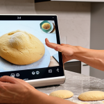 **A person in a modern kitchen, hands covered in dough, gesturing towards a smart speaker or display. The device changes a song or displays a recipe, showcasing gesture control in a home environment.**