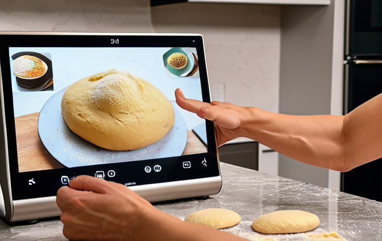 **A person in a modern kitchen, hands covered in dough, gesturing towards a smart speaker or display. The device changes a song or displays a recipe, showcasing gesture control in a home environment.**
