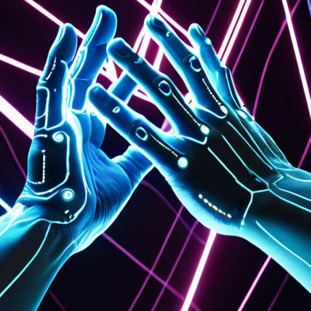 A close-up of a person's hands, adorned with futuristic VR gloves, fluidly sculpting and interacting with luminous, multi-layered holographic interfaces in mid-air. Digital light trails follow the gestures, showcasing complex 3D models and interactive elements. The background is a soft, deep virtual space, hinting at an immersive gaming or creative environment, with subtle glowing lines connecting to a vast, unseen network of user communities. Emphasize seamless human-machine interaction, high detail, and a sense of intuitive control.