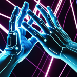 A close-up of a person's hands, adorned with futuristic VR gloves, fluidly sculpting and interacting with luminous, multi-layered holographic interfaces in mid-air. Digital light trails follow the gestures, showcasing complex 3D models and interactive elements. The background is a soft, deep virtual space, hinting at an immersive gaming or creative environment, with subtle glowing lines connecting to a vast, unseen network of user communities. Emphasize seamless human-machine interaction, high detail, and a sense of intuitive control.