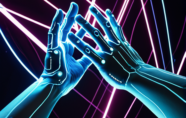 A close-up of a person's hands, adorned with futuristic VR gloves, fluidly sculpting and interacting with luminous, multi-layered holographic interfaces in mid-air. Digital light trails follow the gestures, showcasing complex 3D models and interactive elements. The background is a soft, deep virtual space, hinting at an immersive gaming or creative environment, with subtle glowing lines connecting to a vast, unseen network of user communities. Emphasize seamless human-machine interaction, high detail, and a sense of intuitive control.