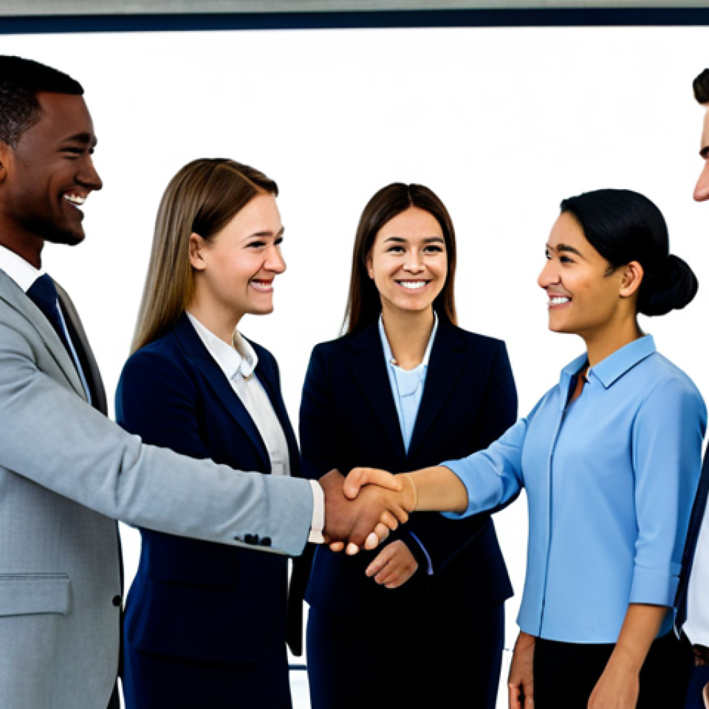 A diverse group of professionals, fully clothed in modest business attire, are depicted as realistic avatars in a clean, modern virtual meeting space. They are engaging in intuitive, universal gestures such as a friendly handshake and a nod, fostering cross-cultural understanding and empathy. The background features subtle, glowing interface elements. This is a high-quality professional photograph, with perfect anatomy, correct proportions, and natural poses, emphasizing a collaborative and inclusive atmosphere. safe for work, appropriate content, fully clothed, professional.