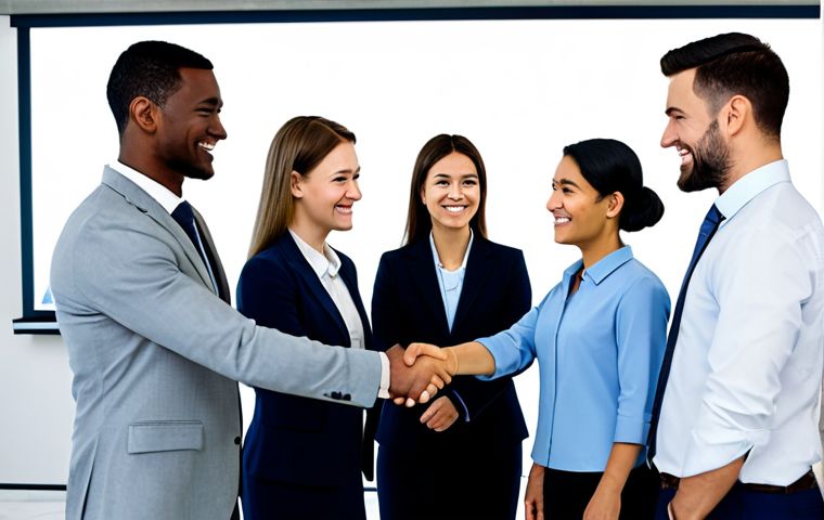A diverse group of professionals, fully clothed in modest business attire, are depicted as realistic avatars in a clean, modern virtual meeting space. They are engaging in intuitive, universal gestures such as a friendly handshake and a nod, fostering cross-cultural understanding and empathy. The background features subtle, glowing interface elements. This is a high-quality professional photograph, with perfect anatomy, correct proportions, and natural poses, emphasizing a collaborative and inclusive atmosphere. safe for work, appropriate content, fully clothed, professional.