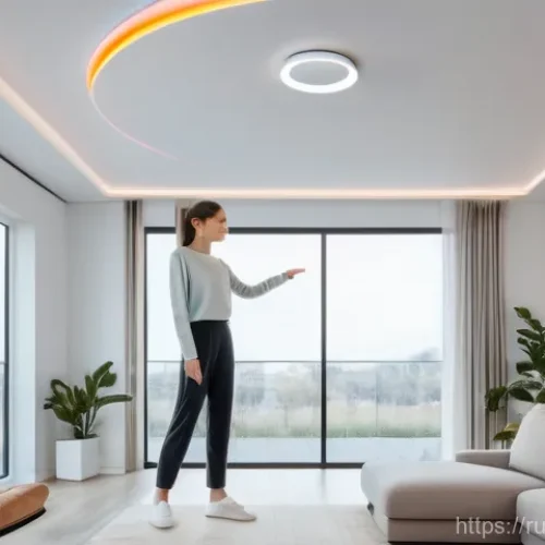 Home 28 제스처 기반 인터페이스의 지속 가능한 발전 전략 - A serene, wide-angle shot of a modern, minimalist living room in a smart home. A young woman, dresse...