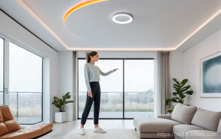제스처 기반 인터페이스의 지속 가능한 발전 전략 - A serene, wide-angle shot of a modern, minimalist living room in a smart home. A young woman, dresse...