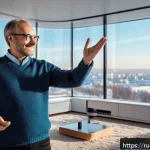 Home 14 제스처 기반 인터페이스의 변화하는 트렌드 - A futuristic living room scene with a middle-aged Russian man controlling smart home devices through...
