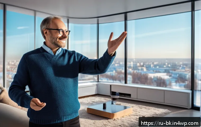 제스처 기반 인터페이스의 변화하는 트렌드 - A futuristic living room scene with a middle-aged Russian man controlling smart home devices through...