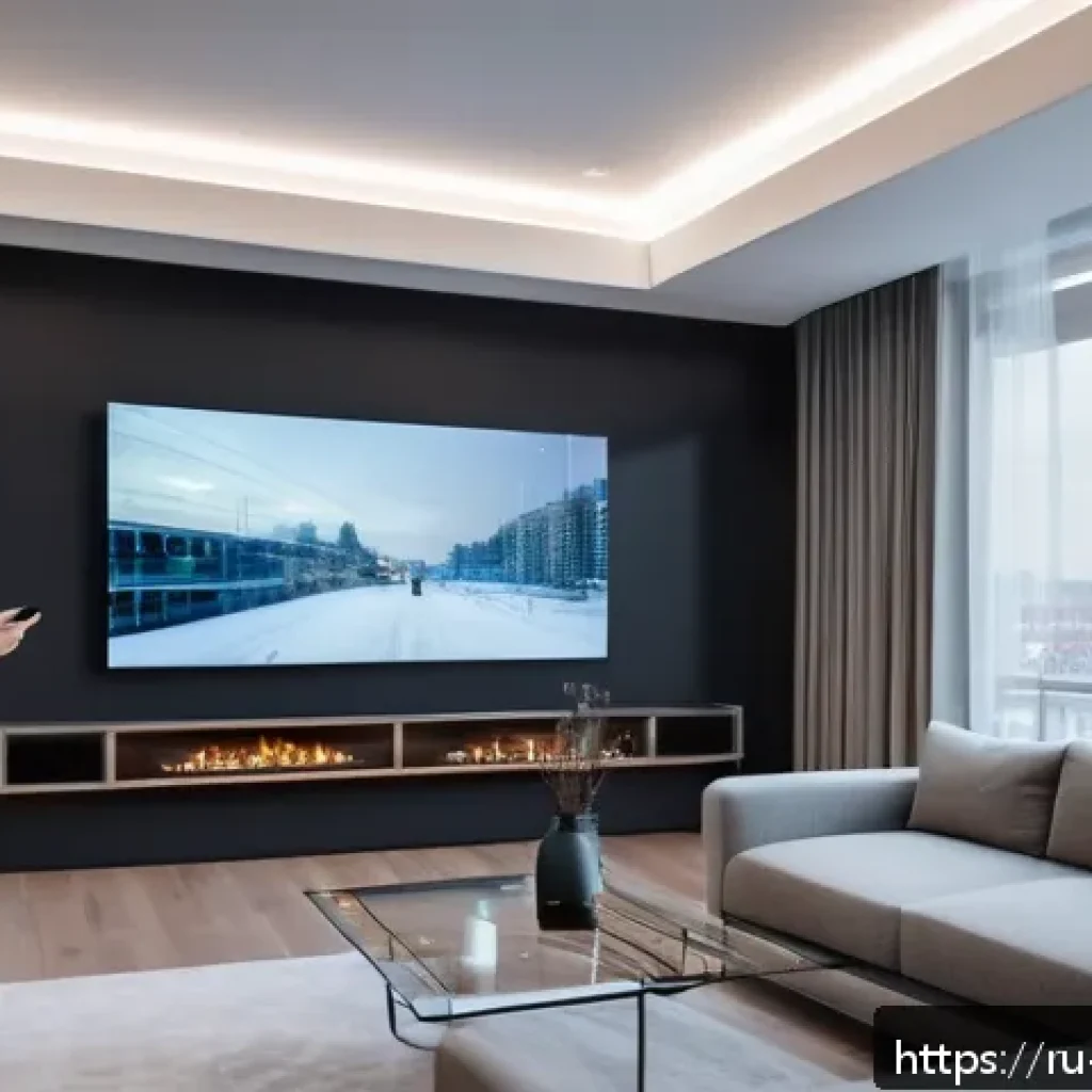 제스처 기반 인터페이스의 글로벌 시장 비교 - A futuristic smart home interior in Moscow, showcasing a sleek living room with advanced optical ges...