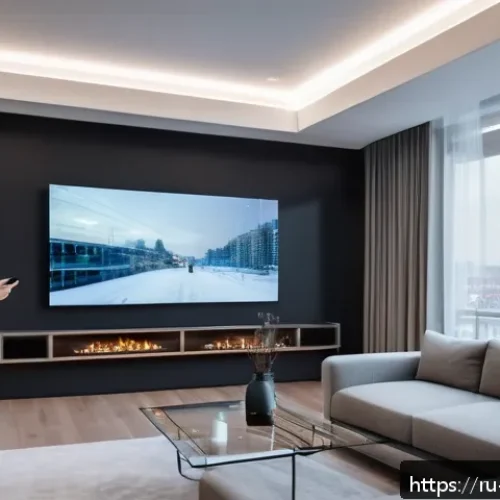 Home 13 제스처 기반 인터페이스의 글로벌 시장 비교 - A futuristic smart home interior in Moscow, showcasing a sleek living room with advanced optical ges...