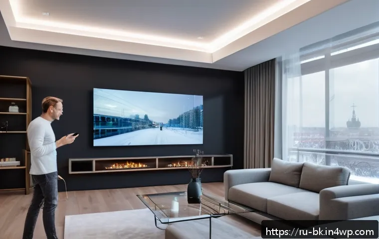 제스처 기반 인터페이스의 글로벌 시장 비교 - A futuristic smart home interior in Moscow, showcasing a sleek living room with advanced optical ges...