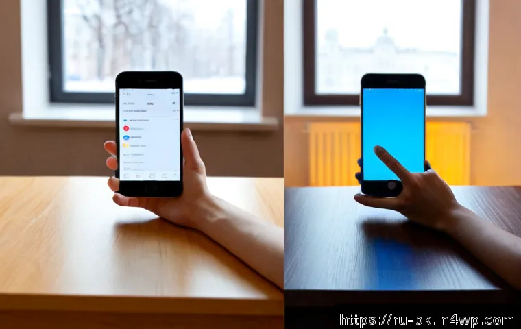 Home 17 제스처 기반 인터페이스의 플랫폼별 차이점 - Photorealistic side-by-side comparison scene of two modern smartphones on a clean wooden desk in a c...